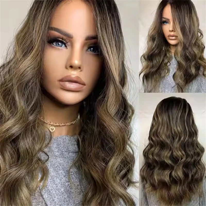 

Dark Brown Curly Wig With Blonde Highlights Balayage Human Hair Blend Wig Soft HD Lace Front Wig with Black Roots Synthetic Wig