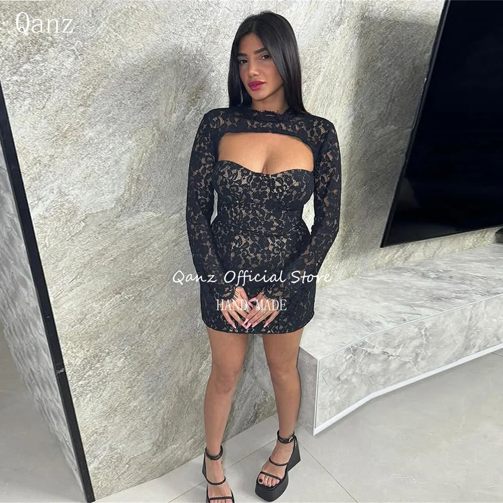 

Qanz Black Lace Appliques Mini Prom Dresses with Jacket Long Sleeves Cocktail Dresses Corset Back Party Gowns Club Customized