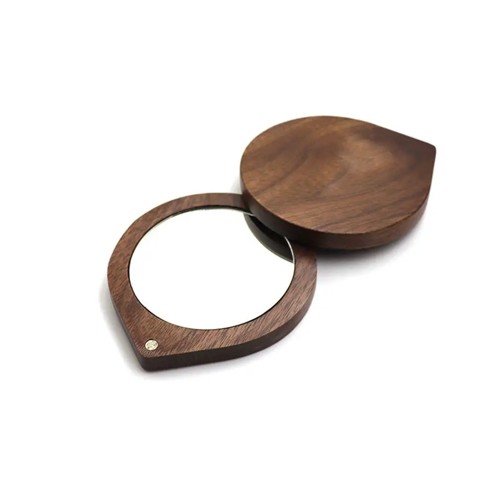 Mini Black Walnut Wood Makeup Mirror Rotatable Round Rotating Cosmetic Mirror Foldable Magnetic Closure Compact Pocket Mirror