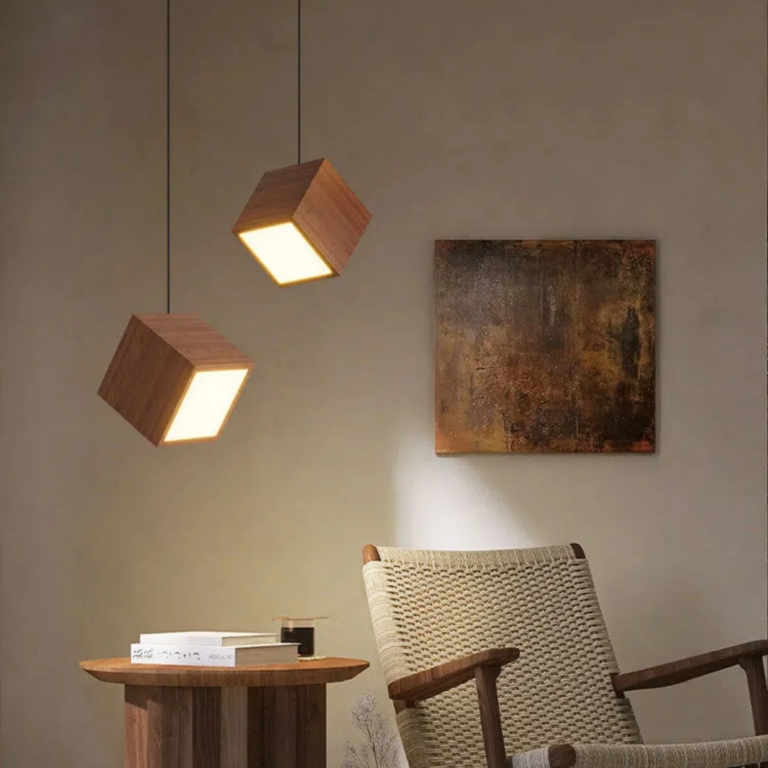 

Creative Cube Woodnut Acrylic Pendant Lights Kitchen Dining Room Light Above Table Full Spectrum Eye Protection Hanging Lamp
