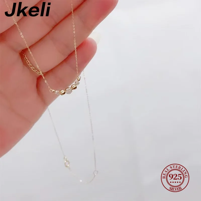 

Jkeli S925 Sterling Silver 14K Gold Plated Single Row Bean Necklace with Full Zirconia Diamond Lockbone Chain Jewelry