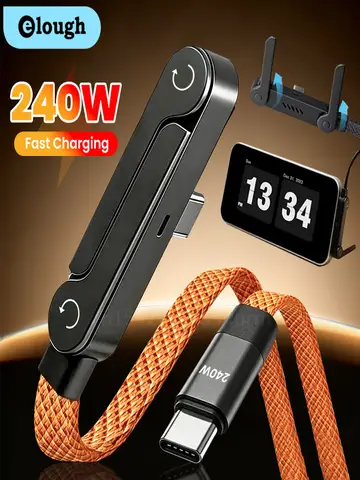 240W 2-in-1 Type C to USB C Fast Charging Data Cable Foldable Phone Holder Type C Fast Charging cabo For iPhone 17 Black/Orange