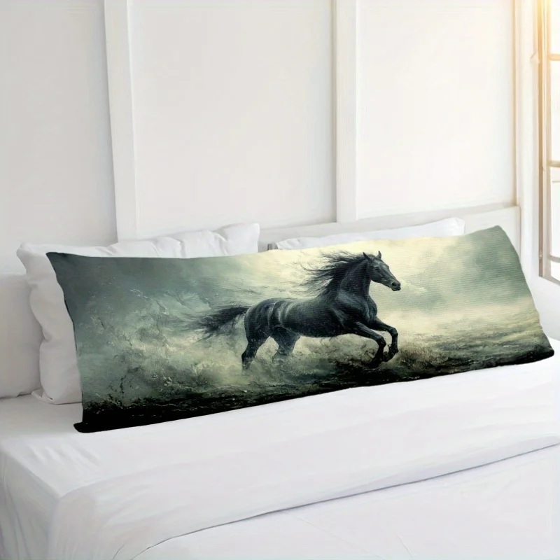 1pc Modern Horse Print Pillowcase, 137.16 X 50.8 cm, Short Pile Polyester, Reversible, Machine Washable, Zippered Cushion Cover,
