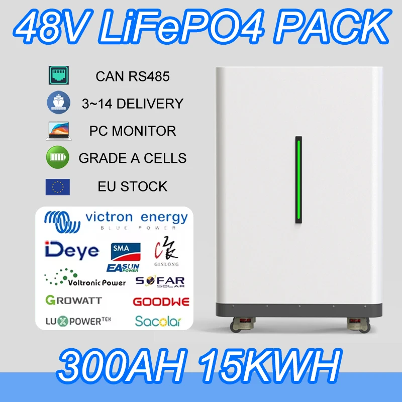 

48 В 15 кВт 30 кВт 5 кВт LiFePO4 600 Ач 300 Ач 100 Ач аккумулятор 16S 200A BMS портативный литиевый аккумулятор на колесиках 51,2 В 300 Ач Доставка из ЕС