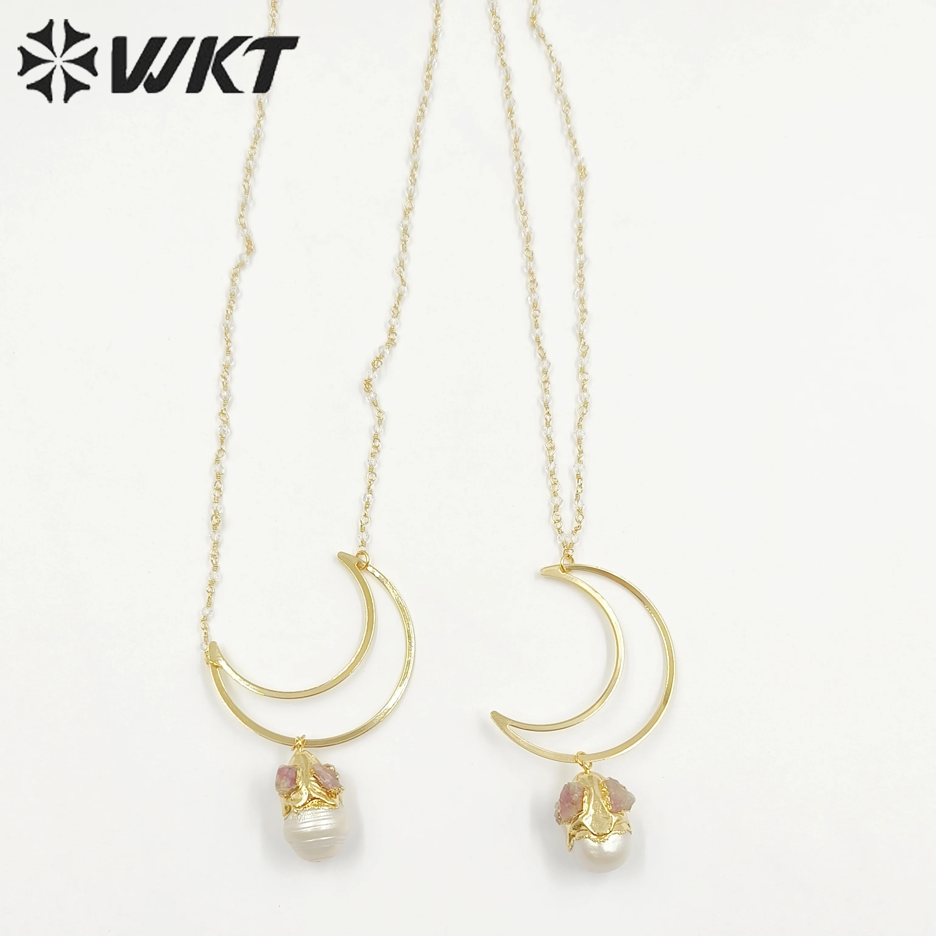 WT-JN244  WKT 2023 Moon Shape Style Baroque Pearl&Tourmaline Women Gold Plated Chain Necklace Wedding Gift Jewelry Hot