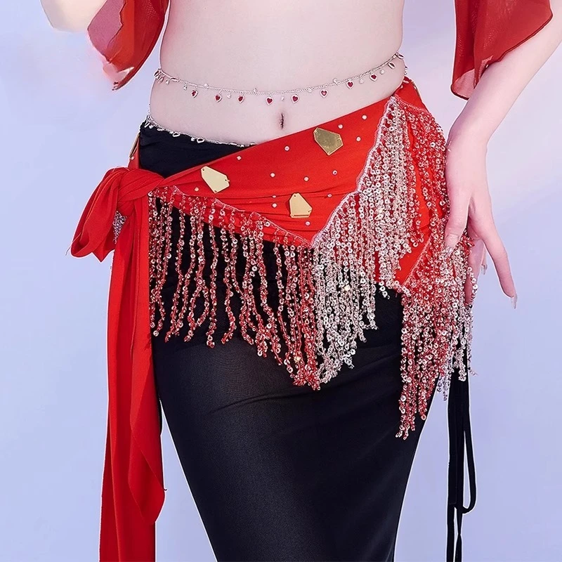 Cintura da performance di danza del ventre per donna, catena in vita, sciarpa sui fianchi, triangolo con frange, accessori per concorsi di danza orientale tribale