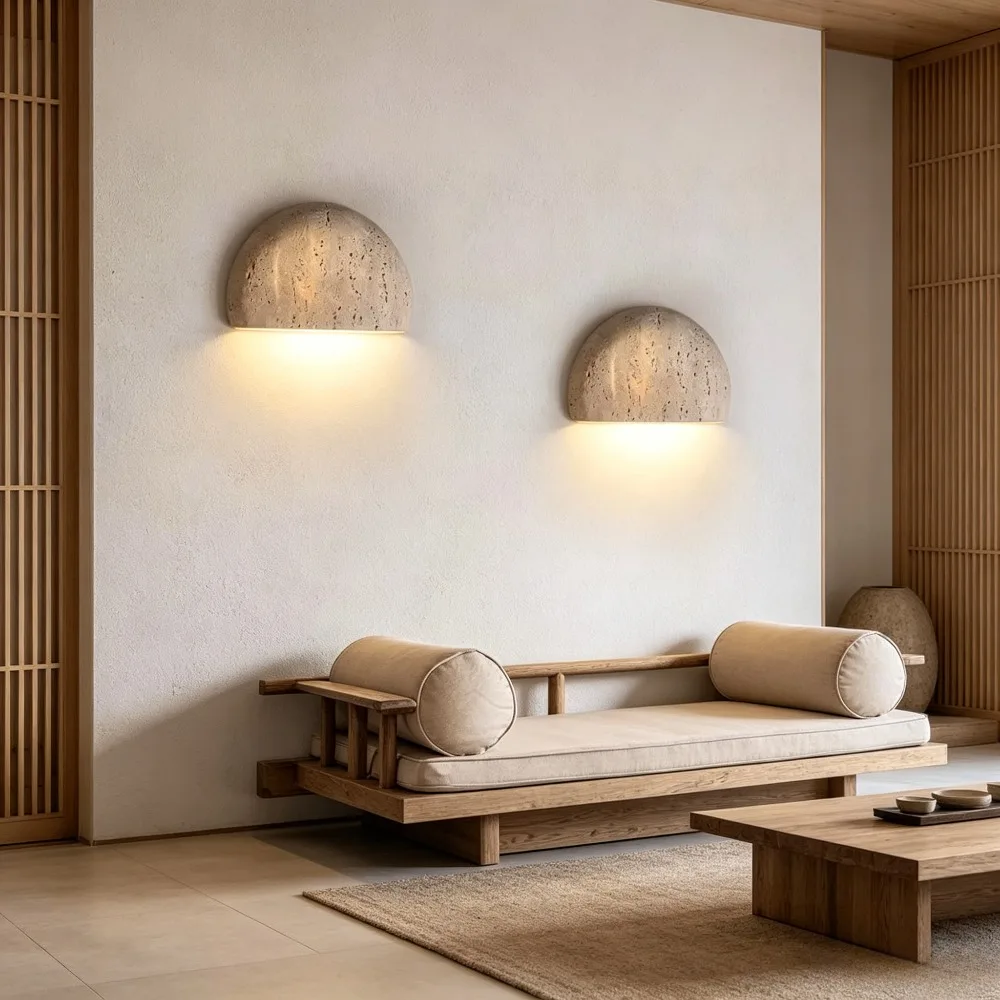 Natural Yellow Cave Stone Wall Lamp Half Circle Warm LED Light Villa Hallway Living Room Bedroom Accent Lighting