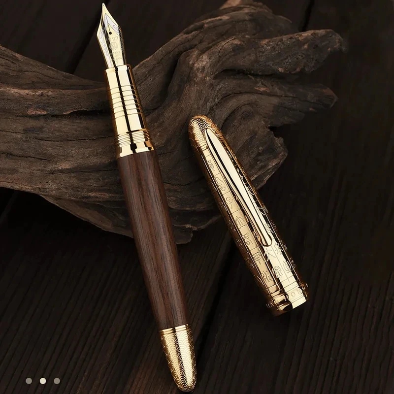 

Hongdian 6016 Natural Wood Fountain Pen Retro Beautiful Golden Oracle Cap EF/F Nib Brown Wooden Office Business Writing Gift Pen