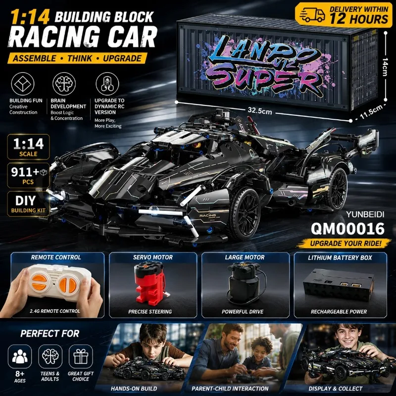 1:14 Racing Car Building Blocks Model Static&Dynamic RC Car DIY Mechanical Block Assembly Toy Adult Collect Kid's Festival Gifts