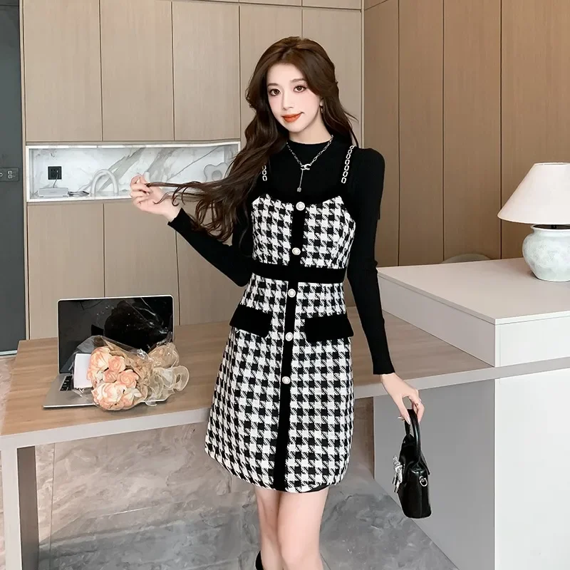 Women Dresses Sets Solid Color Half High Collar Long Sleeve T-shirts + Halter Plaid High Waist Dress Two-piece Set Female