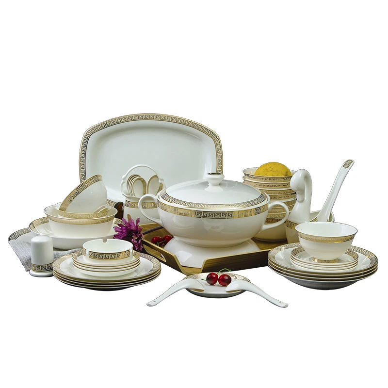 58pcs Dinnerware Set Dish Set China Ceramic High-grade Bone China Dinnerware Set European Gold Phnom Penh Bowl Plate