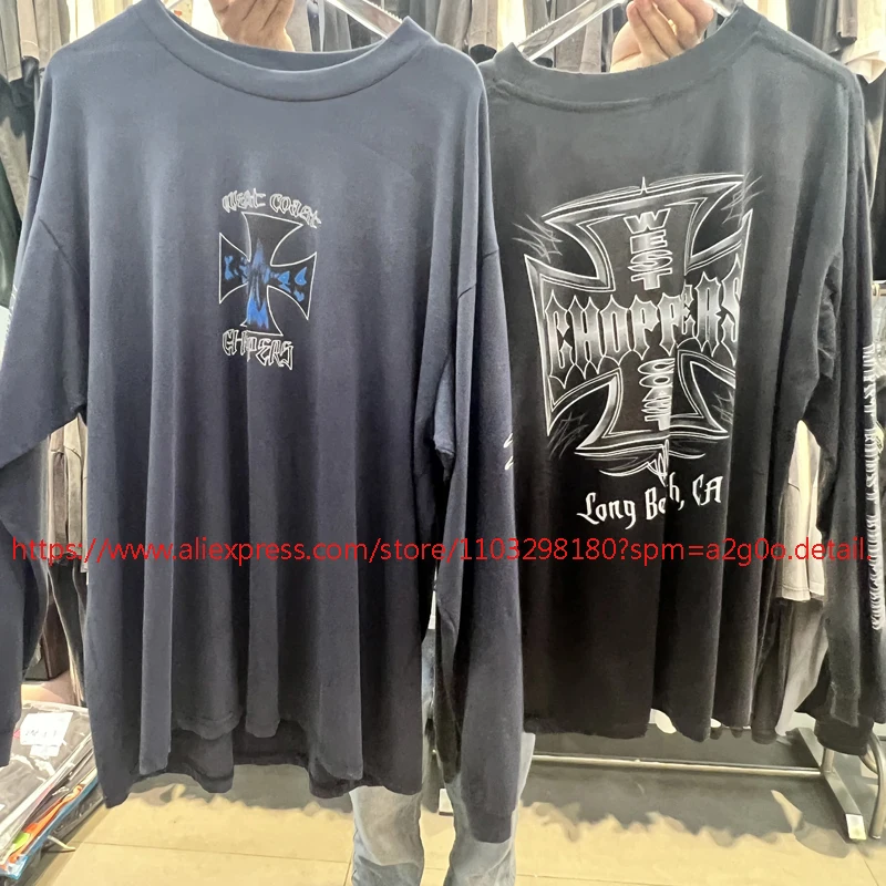 

2026 Trend Brand West Coast Choppers Long Sleeve Pullover Men Women High Street Wash Do Old Cross Logo Print T-shirt Tops
