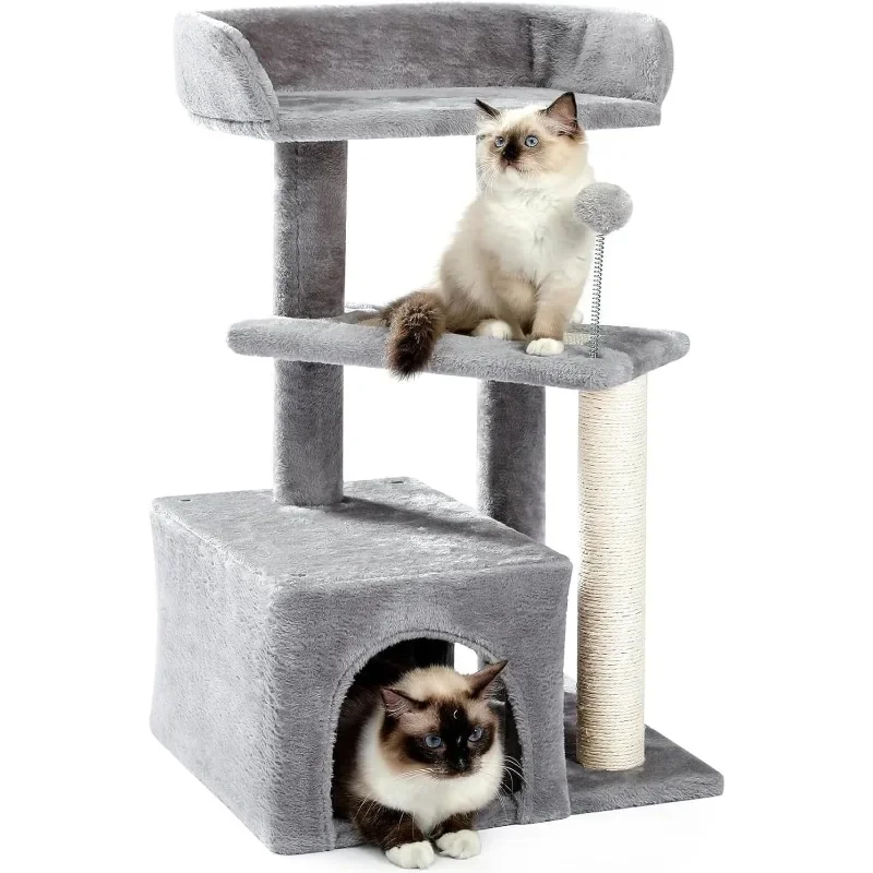 Carpet cat Tower Grey indoor cat, cute wooden kitten apartment, 29-inch multi-level modern activity climbing furniture