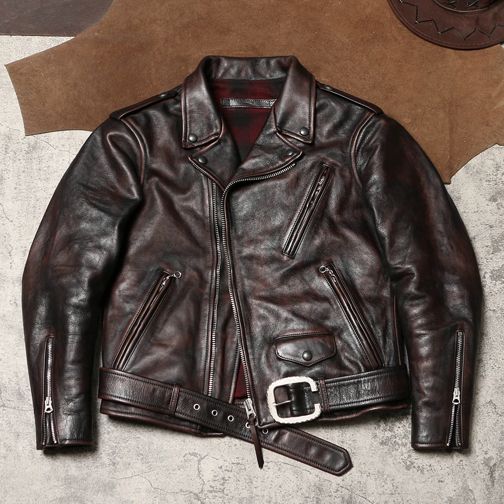 

Vintage Distressed Motorcycle Suit Leather Jacket with Flip Collar and Diagonal Zipper Tea Core Cowhide Leather Jacket