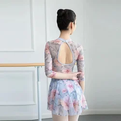 3/4 Sleeve Leotard Dance Wear Cute Girl Printed Pattern High Collar Gymnastics Leotards for Girls Professional Ballet Dress