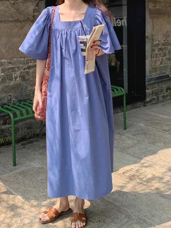 

Chic Summer Casual Square Collar Loose Pleated Flng Sve Long Skirt Sle Dr Women's Faion Ele Simple Aosphere