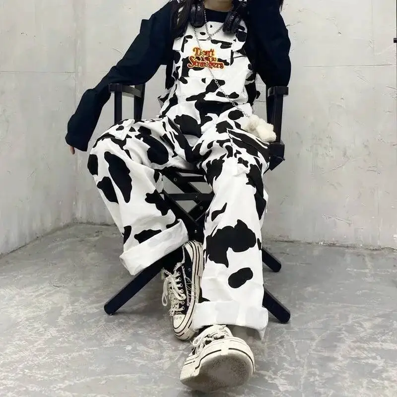 

Street Cow Print Jumpsuit Women Black White Plaid Overalls Casual Haruku Trousers Baggy Pants Hip Hop