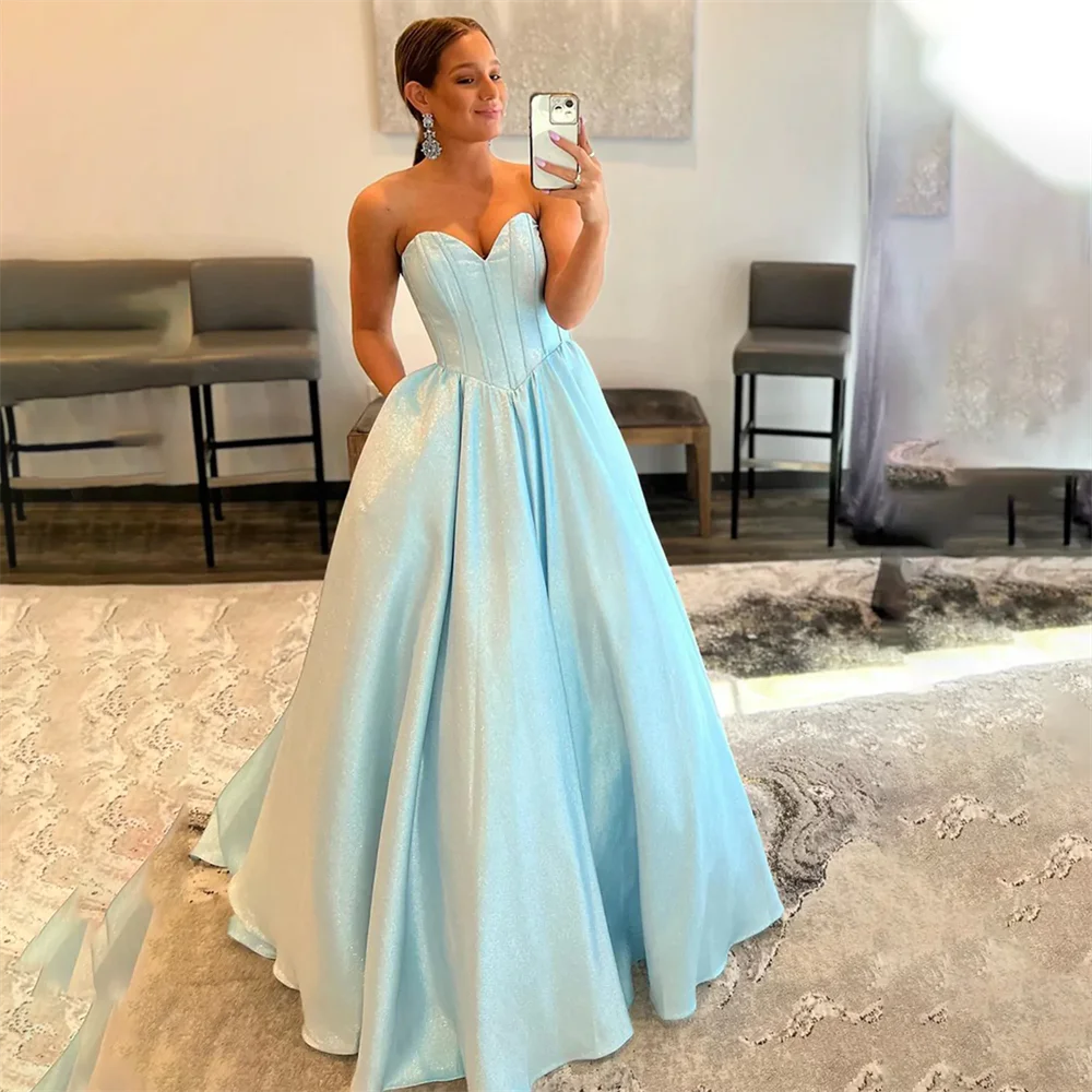 

Lily Sky Blue Chic Woman Evening Dress Gown Sweetheart Neck Ball Gown Stain A Line Glitter Night Dresses Gown robes de soirée