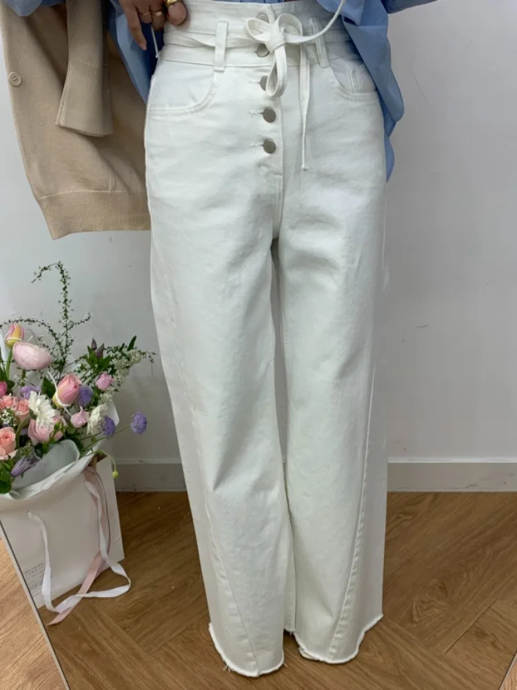 Chic Hohe Taille Breite Bein Jeans frauen Retro Single Button Design Abnehmen Spleißen Denim Hosen Herbst Faion plus Größe