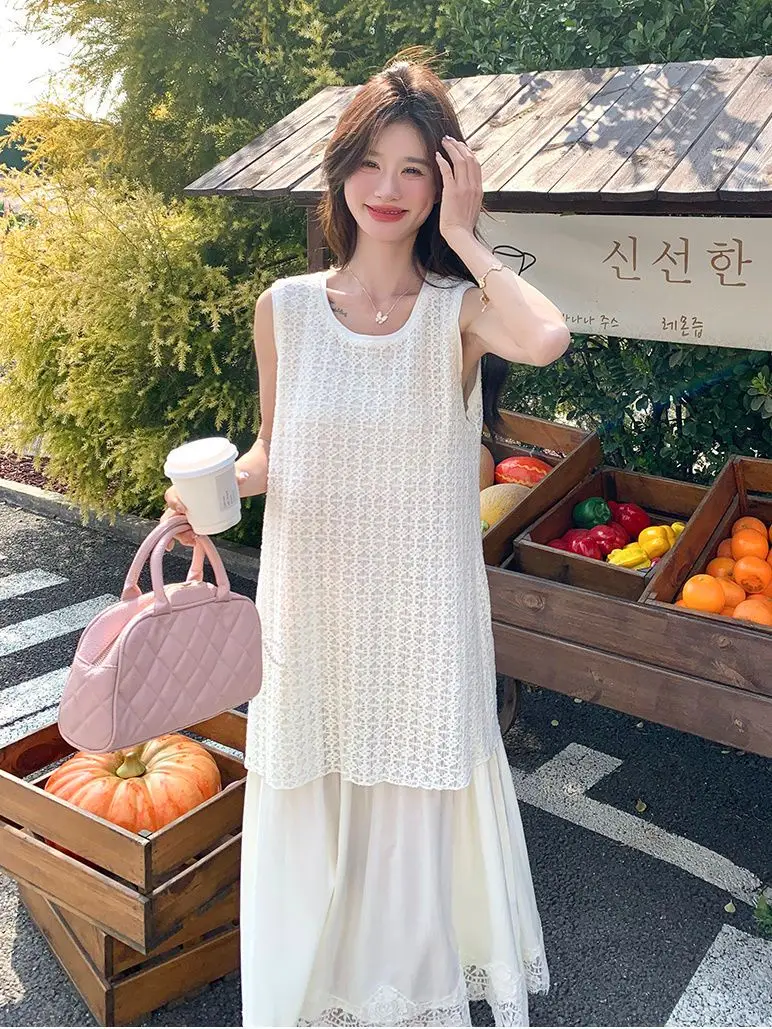 ドレス ノースリーブ レディースドレス Y2K ホルターネック ロックスター 春 ボヘミアン クロシェ編み ブロッキング アップリケ Aライン ふわふわ ピクニック ブルーミング シック