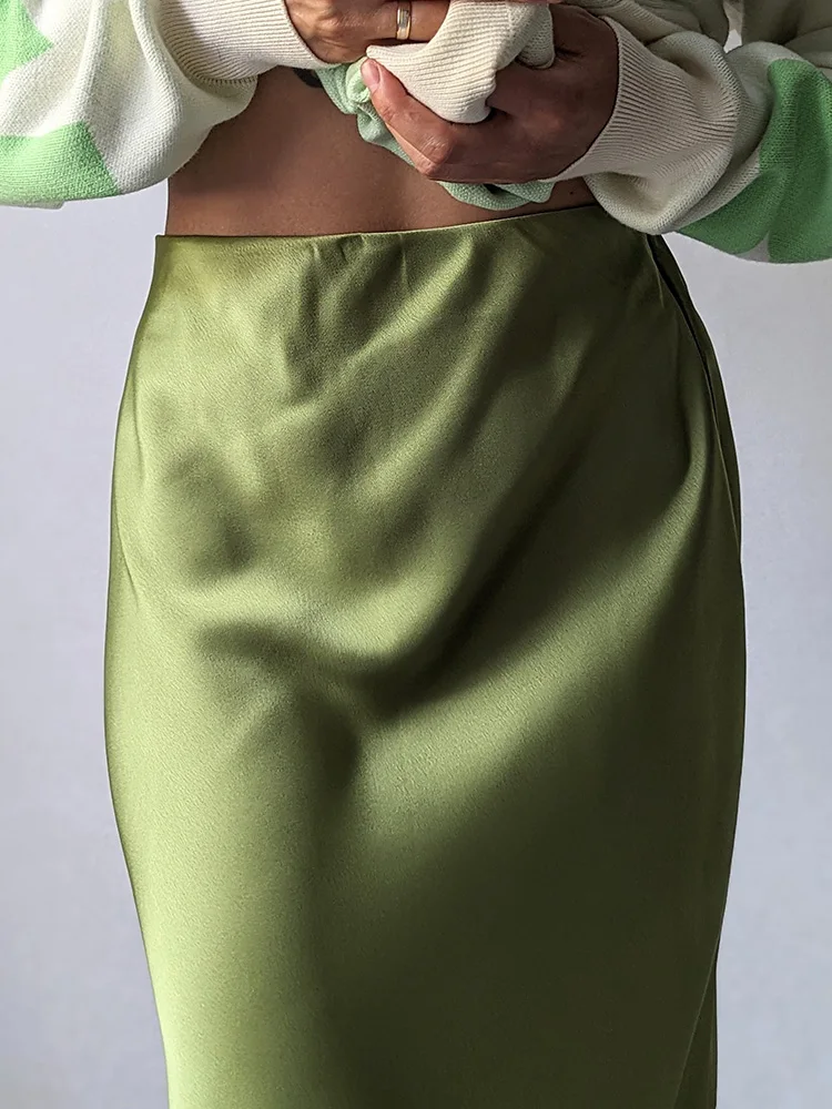 Streamgirl Maxi Solid Slit Skirts For Women Long Elegant Summer Office Champagne Satin Skirts Elastic Waist Women's Summer Skirt