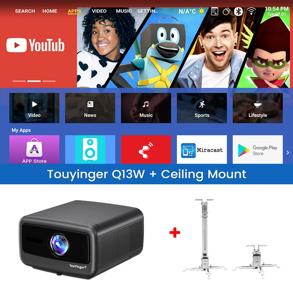 Touyinger Q13W 3800 Ansi Full HD 4K-projectoren Home Theater Video 3G 128G Smart TV Beamer voor films