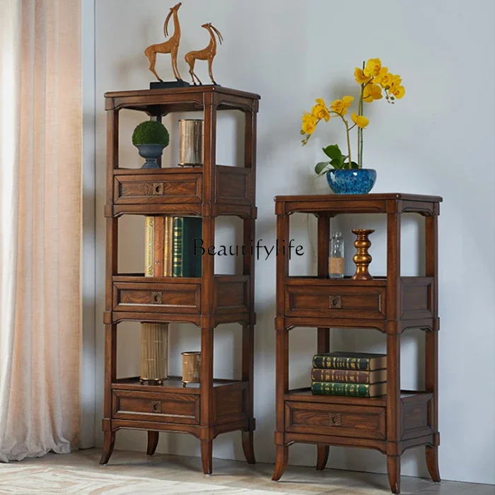 

yj19 American-style Solid Wood Storage Rack Living Room Floor-standing Multi-layer Bookshelf European-style Dark Color