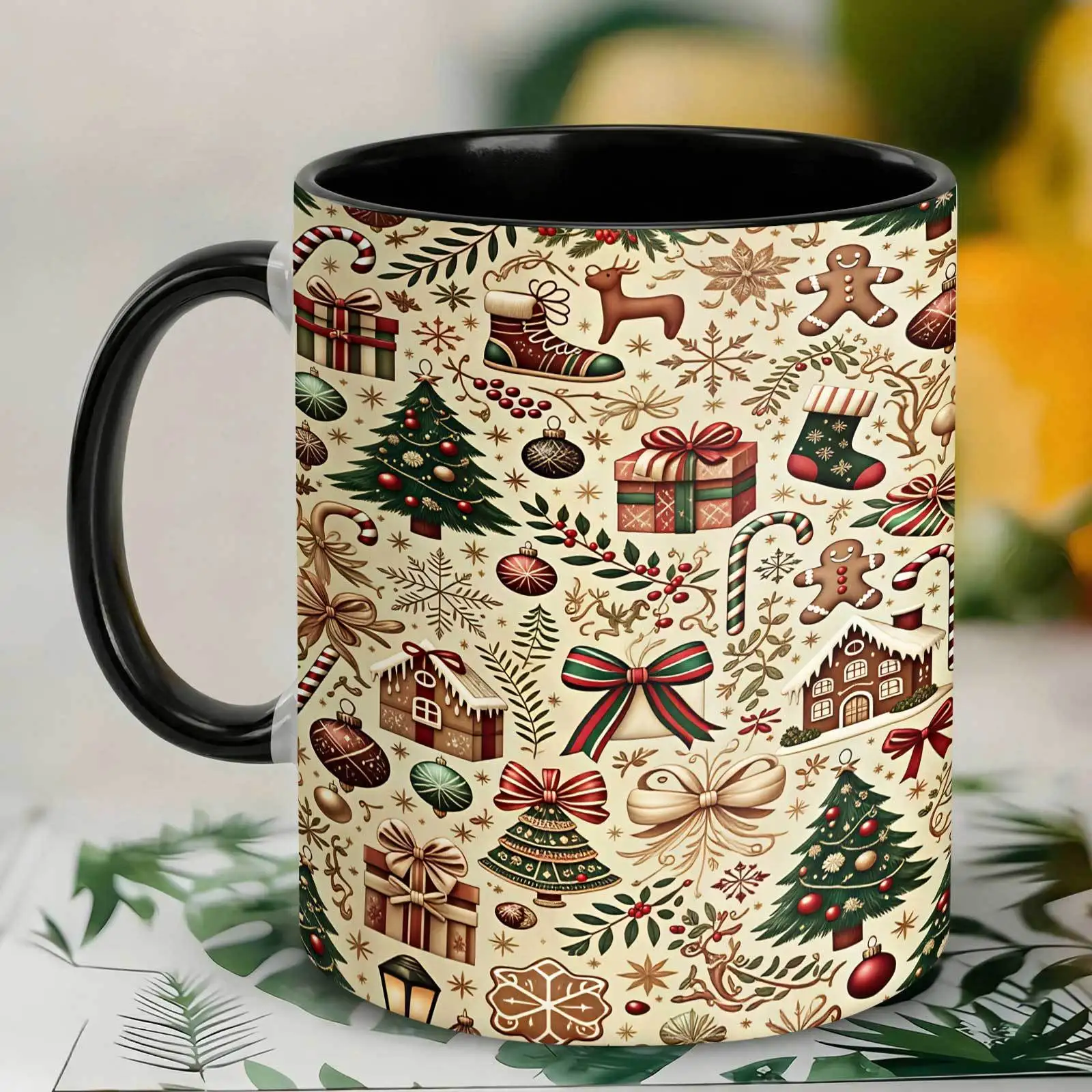 1pc, Christmas Elements, 11Oz Colored Ceramic Mug, Festive Winter Pattern Print, for Home And Office, Christmas, Tumbler, Local Warehouse, Gifts for Men And Women, Friends