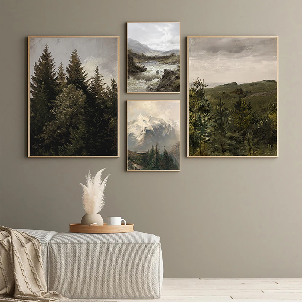 Vintage Rustic Mountain Gallery Wall Art Print Rustic Forest Oil Painting Canvas Poster Lake Landscape Wall Pictures Home Decor