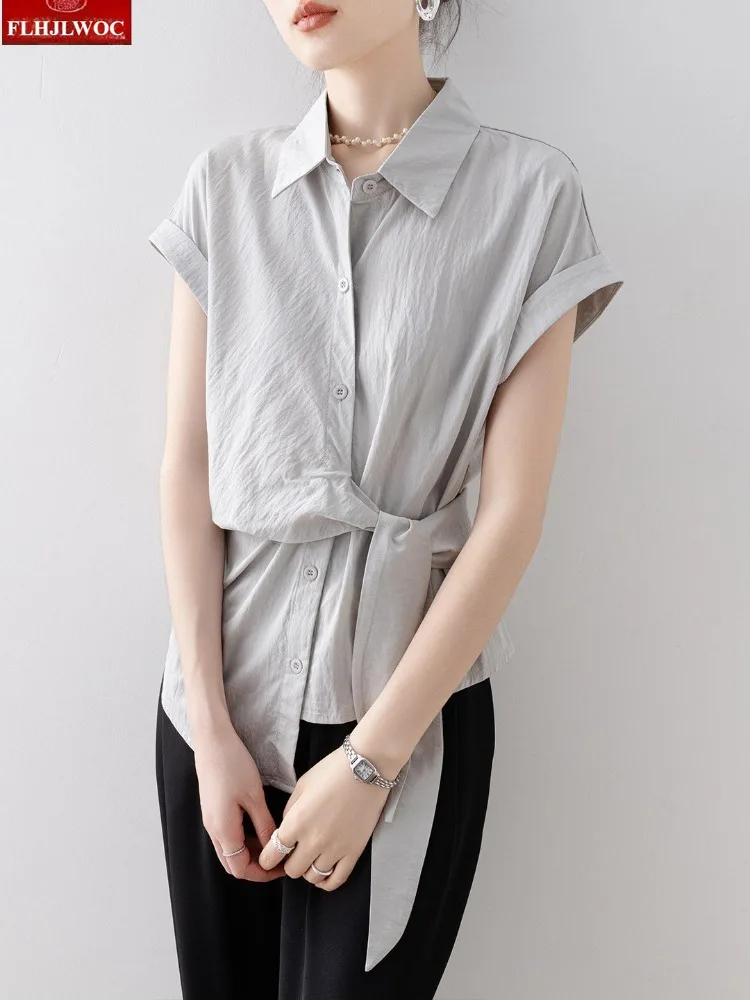FLHJLWOC Brand Women's Elegant Commute Shirt Light Gray Thin Design Long Sleeve Blouse Lace-Up Slim Waist Bow Tie Tops 4