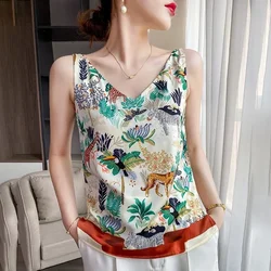 2025 New Leaf & Flower Print Camisole V-neck Satin Tank Top Small Floral Satin Camis Women Summer Sleeveless Top
