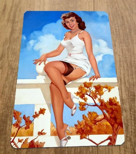 Brunette on Rail Artwork Pinup Girl Metallwand Vintage Poster Schild