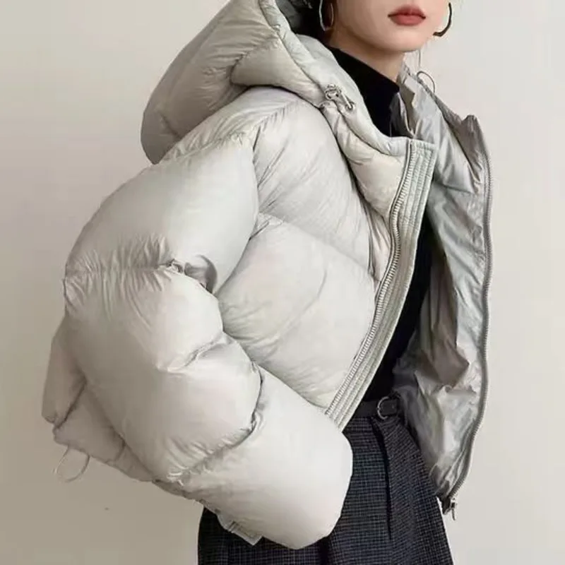 [EWQ] Chaqueta corta con capucha de moda europea Color café mantener caliente espesar mujeres Parkas de calle alta abrigo 2024 invierno 16O3582