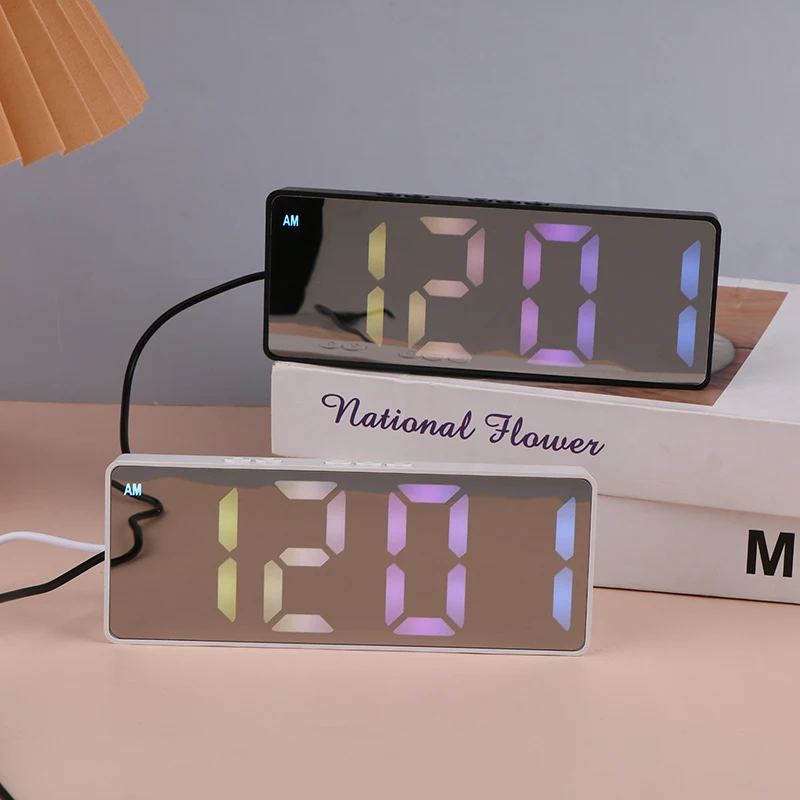 Mirror LED Digital Clock Creative Digital Alarm Clock With Large Display USB Charging Powered Bedside Table Clock