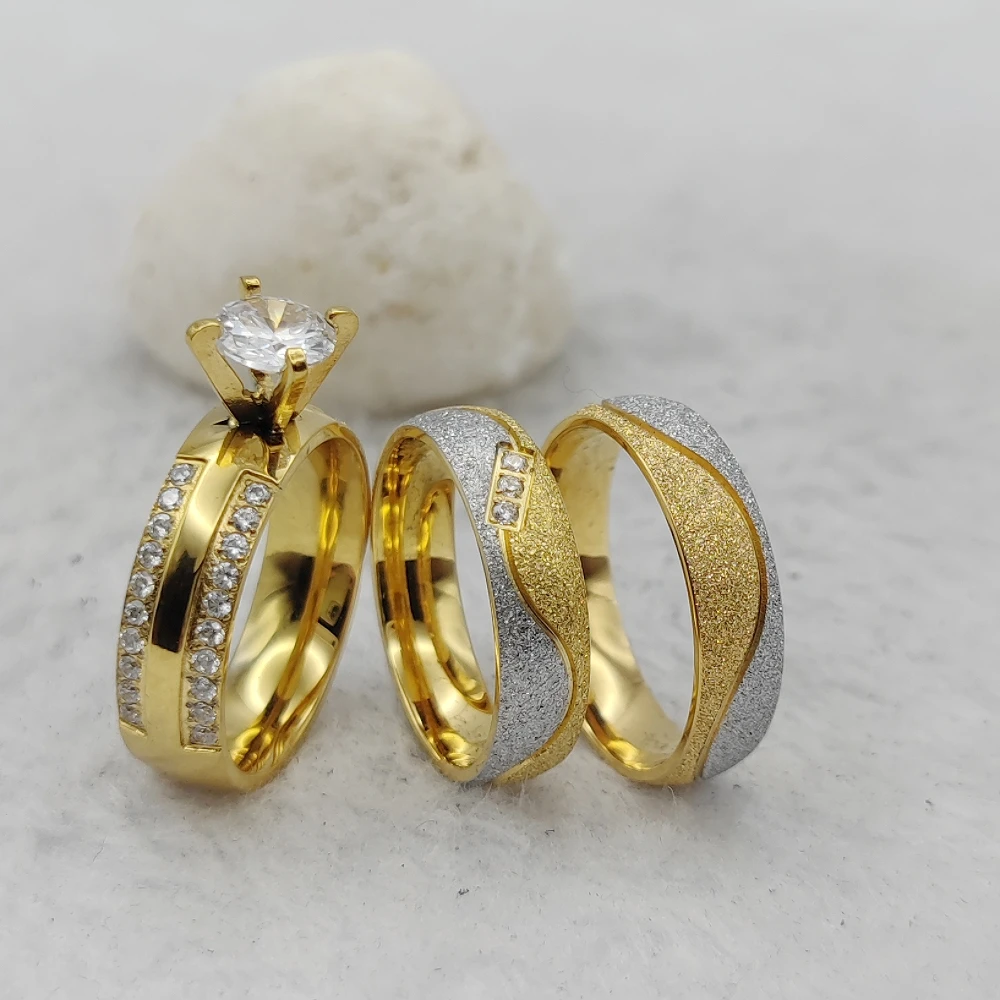 3pcs Golden Frosted Jewelry Manufacturers Wedding Proposalss 316L Stainless Steel Ring 14k Gold Plated Promise Statement Rings