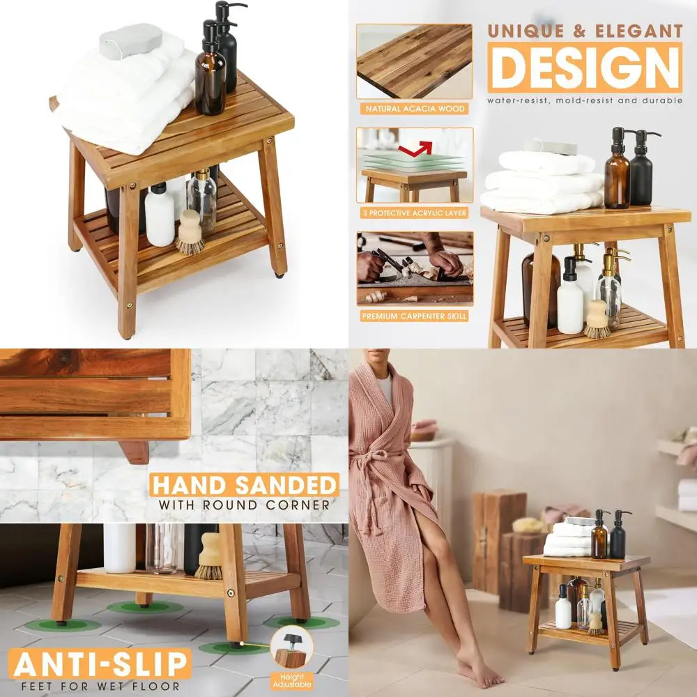 

Shower Stool Bench Chair Waterproo with Storage Shel or Shaving Legs, Spa, Bath Seat, Inside Shower Bench or Adults SeniElderly,
