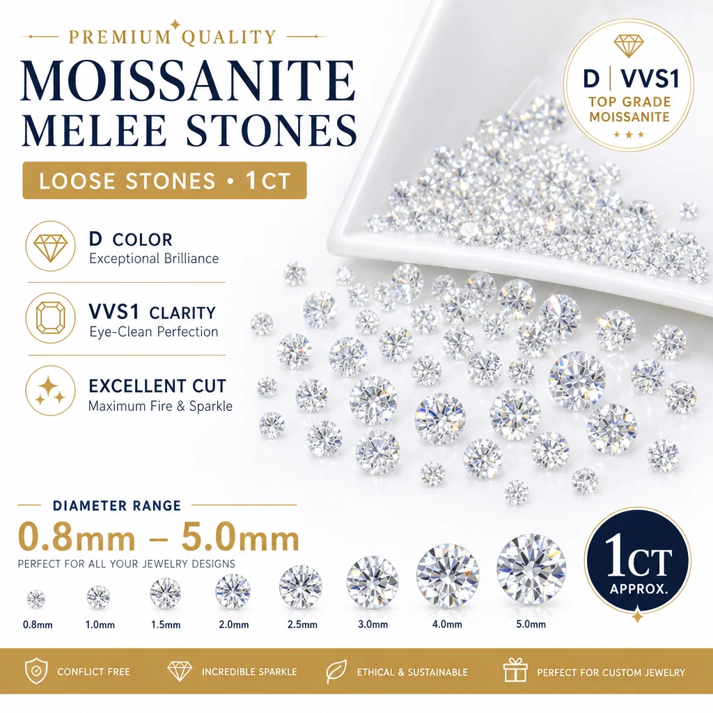 Melee Moissanite Round Cut Moissanite Loose Stone D VVS1 8 Hearts 8 Arrows GRA Certified D VVS1 Excellent Brilliant Fire for