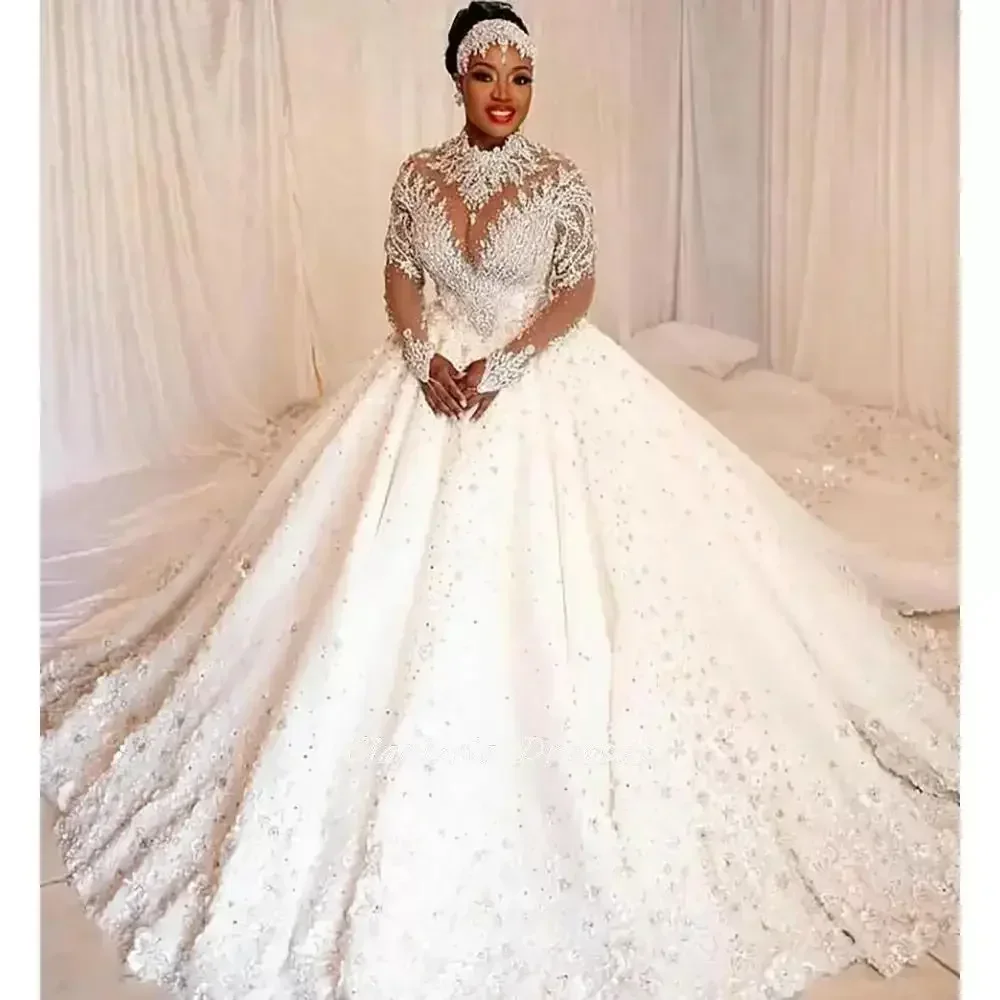 تخصيص فاخر شير كم طويل خمر الدانتيل فساتين الزفاف عالية الرقبة الصيف الكنيسة زي العرائس Vestido De Novia 2025