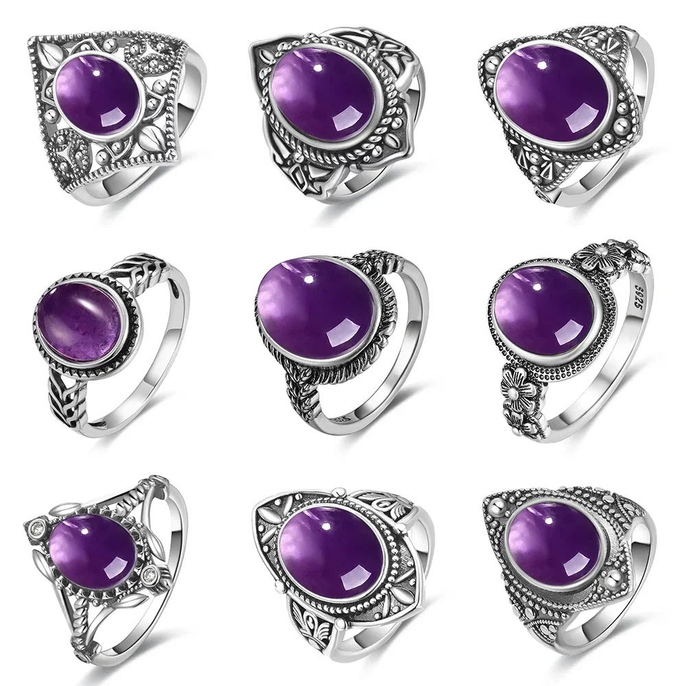 

Vintage S925 Sterling Silver Ring Oval Round Natural Amethyst Ring Sun And Flower Shaped Retro Fine Jewelry For Women Men