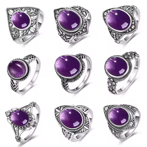 Vintage S925 Sterling Silver Ring Oval Round Natural Amethyst Ring Sun And Flower Shaped Retro Fine Jewelry For Women Men