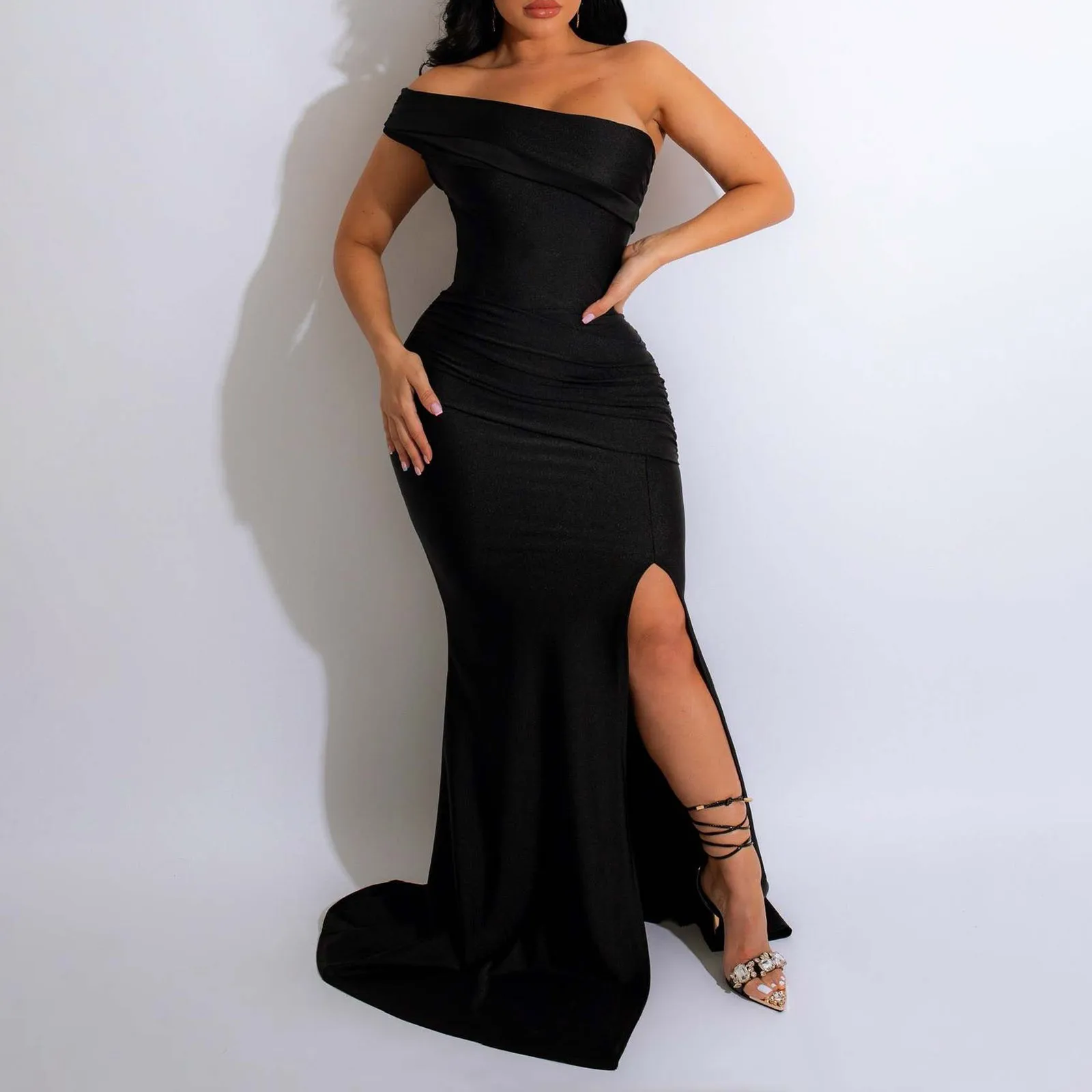 

Summer Off Shoulder Elegant Sexy High Slit Evening Dresses Women Fashion Solid Slim Prom Party Dress Vestido Feminino Robe Femme