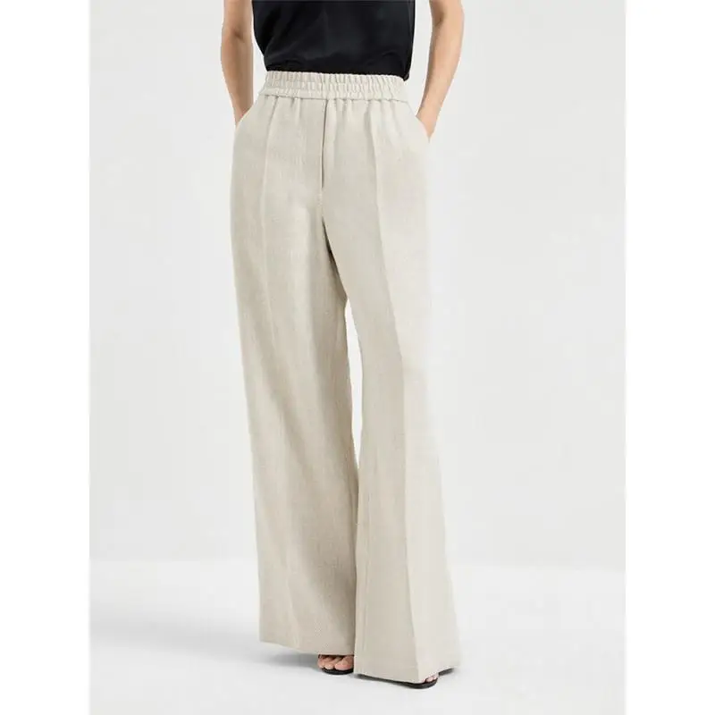 

Withered French Minimalist Fashion Office Ladies 100%Linen Herringbone Flared Pants Wide Leg Pants Women Woman Clothes 2026