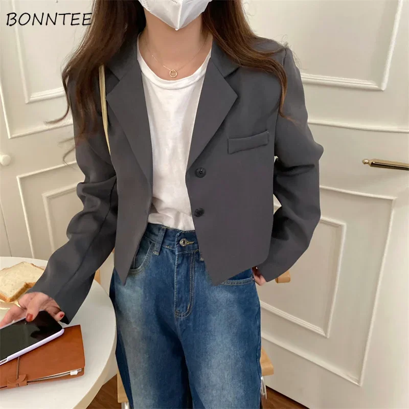 Blazers Women Cropped Solid Office-look Simple Spring Mujer Notched All-match Ulzzang Long Sleeve Basic Feminine Fall Clothing