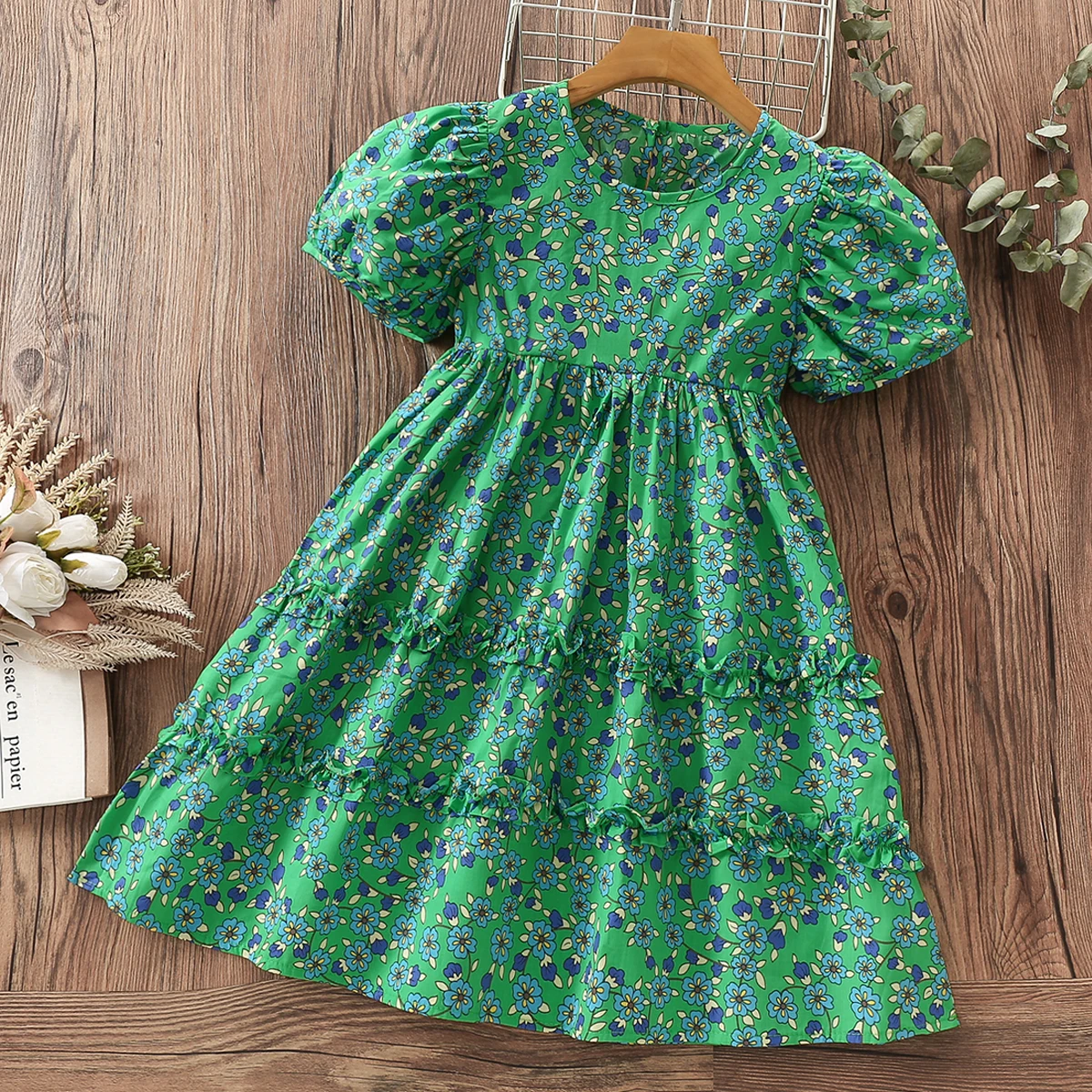 Kids Girls Dresses Short Sleeve Summer Costumes Teenagers Green Floral Print Maxi Dress Baby Children Clothing 6 8 9 10 12 Years