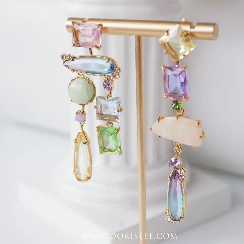Luxury designer asymmetrical rainbow European and American earrings for women, high-end earrings without pierced ears