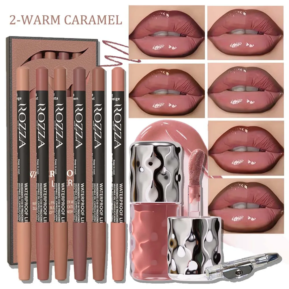 8pcs/set Daily Lip Beauty Set – 6 Blendable Lip Liners, 1 Moisturizing Lip Gloss&1 Pencil Sharpener – Soft Long-Lasting Lip Kit