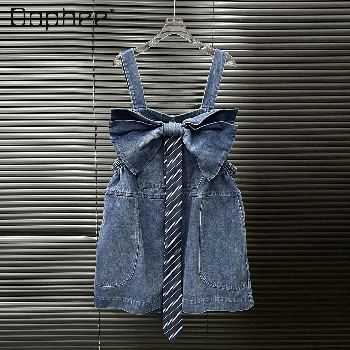 

Fashion Sweet Big Bow Denim Strap Skirt Women High Sense Retro Loose Casual Suspender Dresses Female Trendy Hot Girl Mini Dress