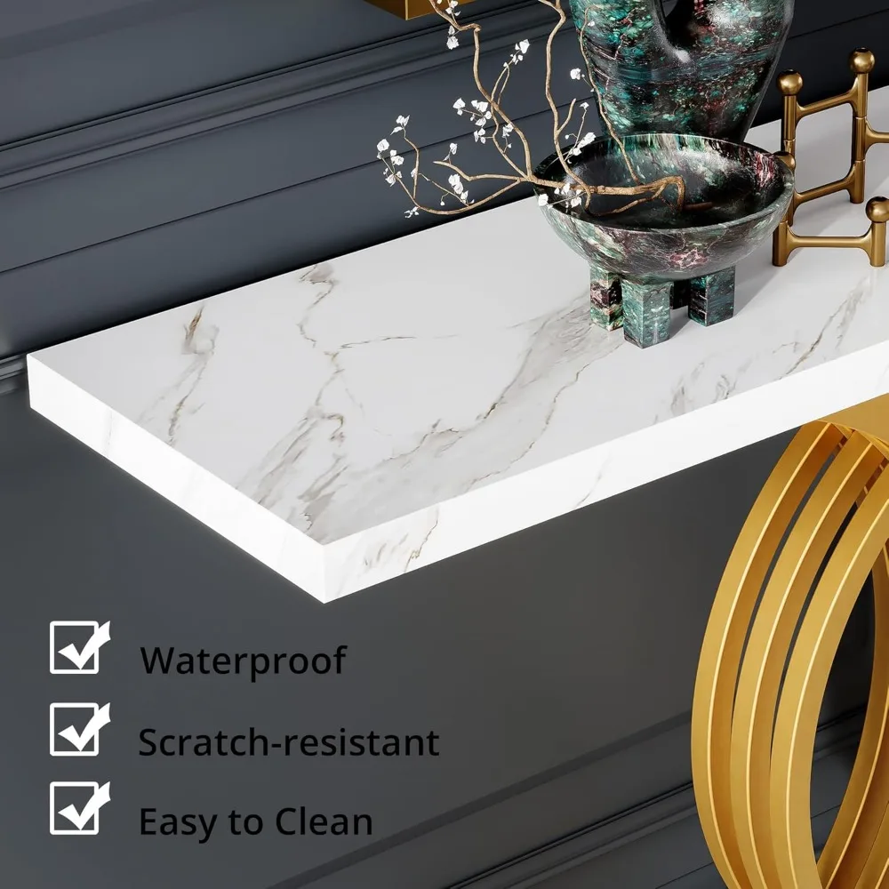 طاولة مدخل ذهبية مقاس 55 بوصة، طاولة وحدة تحكم حديثة من الرخام الصناعي مع أرجل معدنية دائرية، طاولة ضيقة خلف أريكة الأريكة للمعيشة