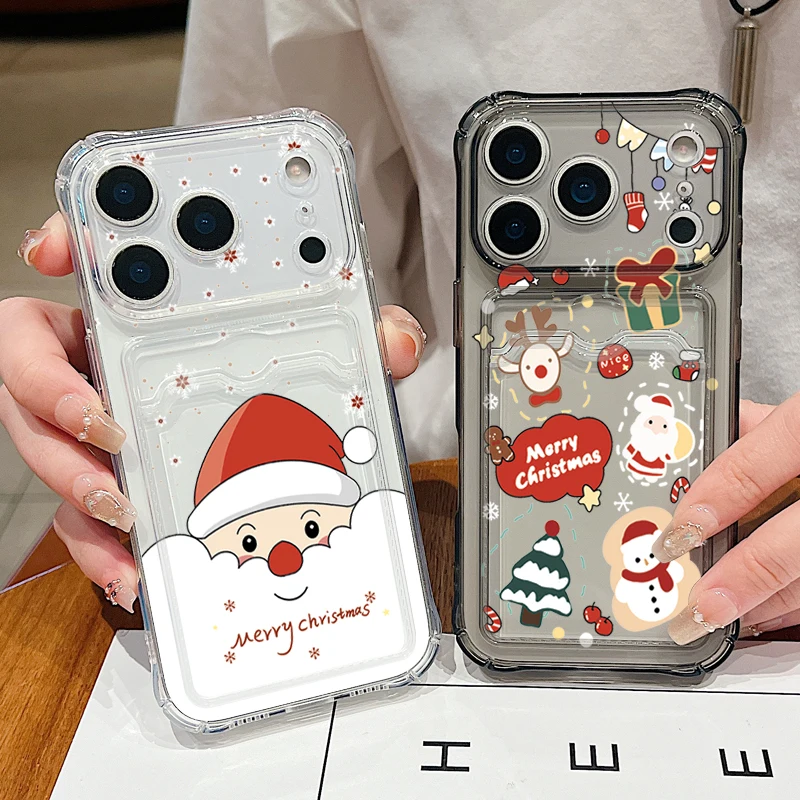 Frohe Weihnachten Kartensteckplatz Handyhülle für iPhone Air 16e 17 16 15 14 Pro Max 13 12 17 Pro 11 stoßfeste klare weiche Silikonhülle