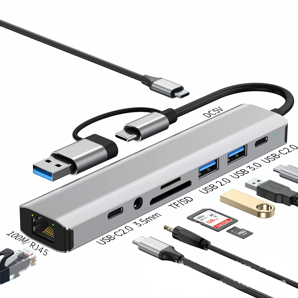 9 in 2 USB +Type C HUB Docking Station with 3.5mm Audio,TF/SDCard Reader,RJ45,USB3.0,USB-C2.0 Laptop Tablet Phone Disk Converter